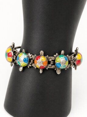 Vintage Style Colorful Enamel Sea Turtle Hinged Bangle Bracelet Silver Tone